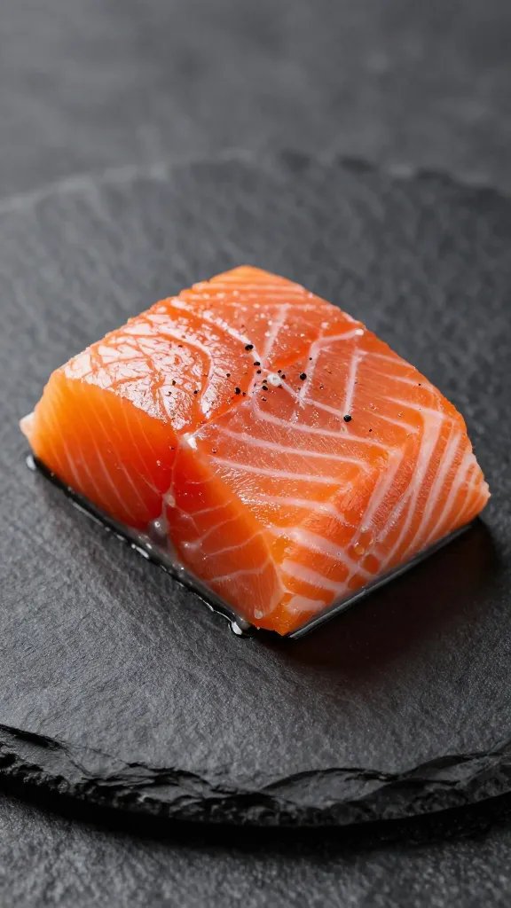 single dill-dusted salmon cube on black slate