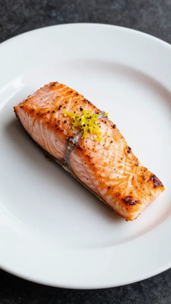 seared salmon bite with lemon zest on white plate