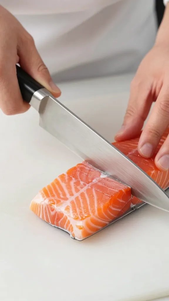 chef’s knife trimming thin salmon tail end, closeup