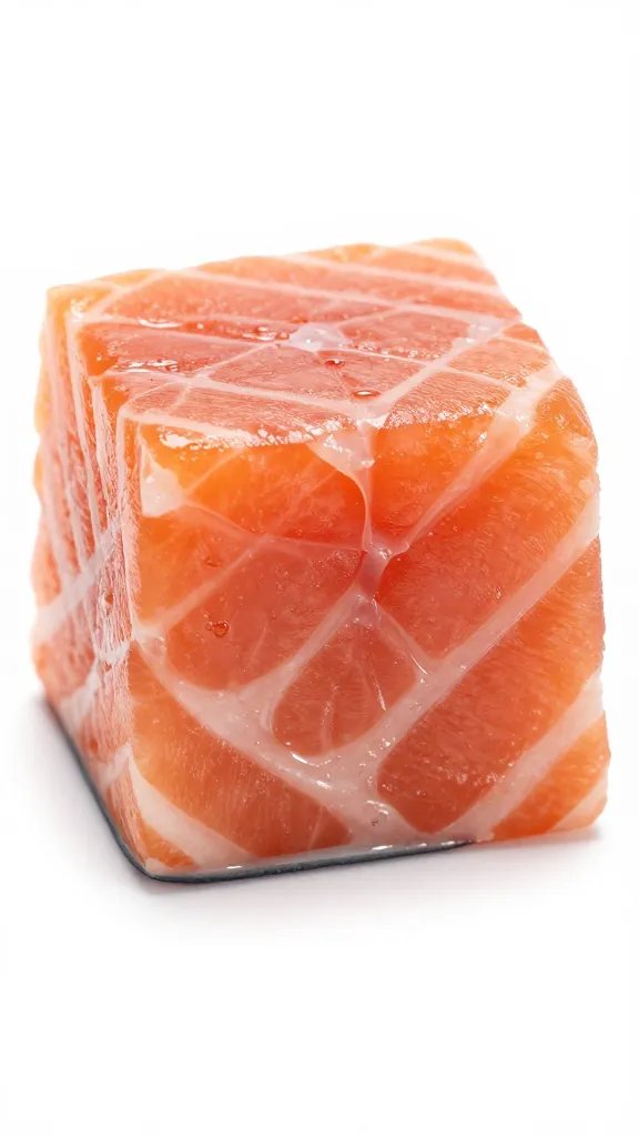 one-inch salmon cube showing even marbling, macro