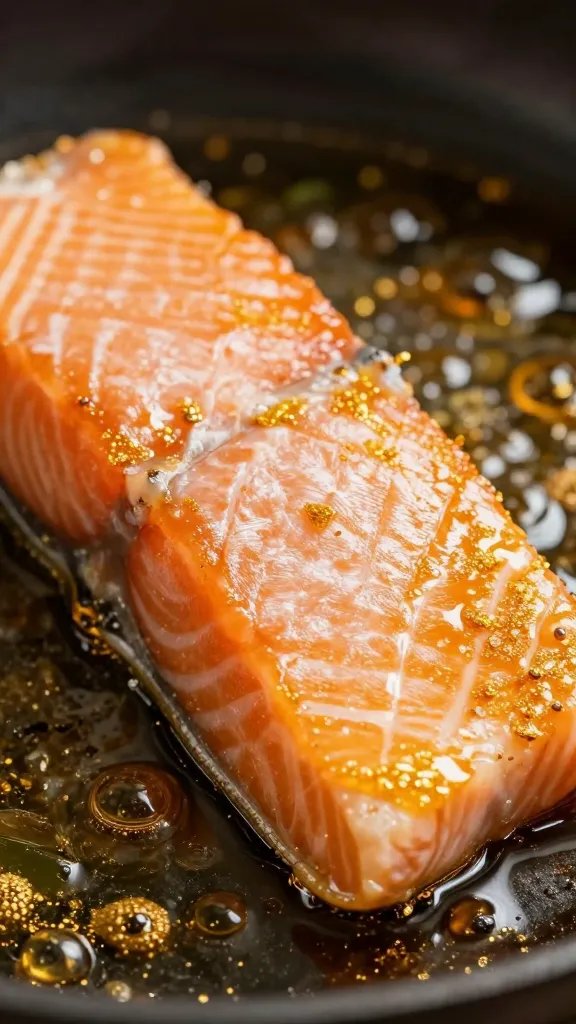 salmon bite in sizzling oil, golden edges, closeup