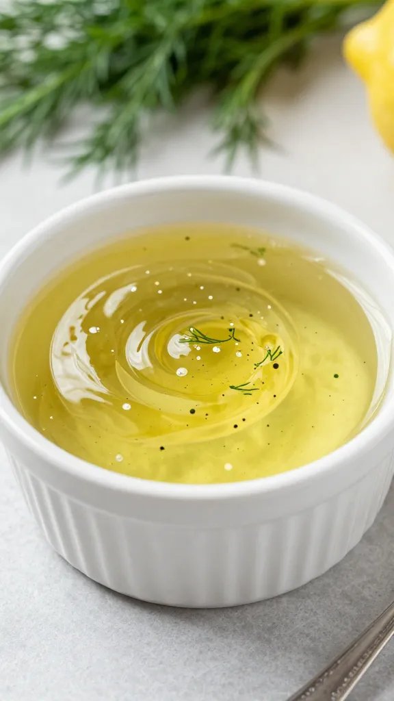 small ramekin of dill-lemon marinade, glossy surface