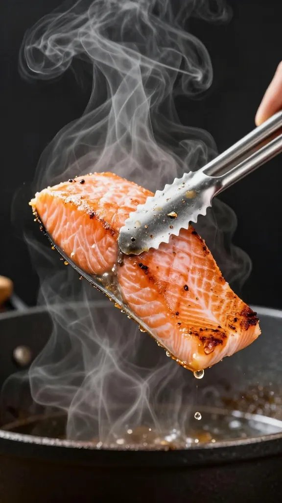 tongs lifting a single browned salmon bite, steam rising