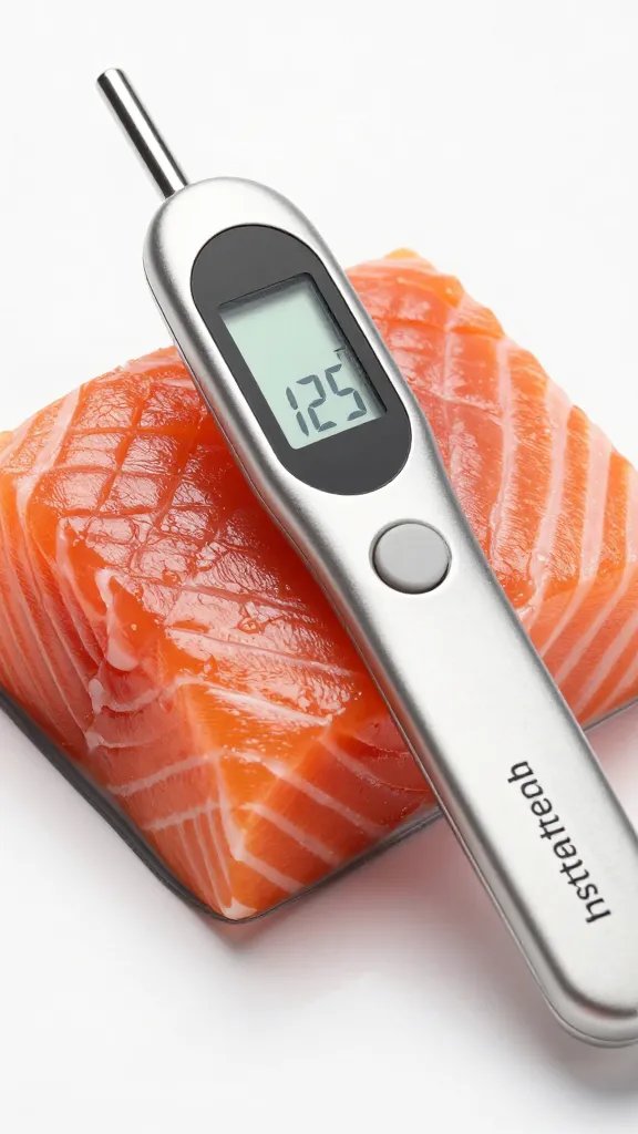 instant-read thermometer in salmon cube, 125°F display