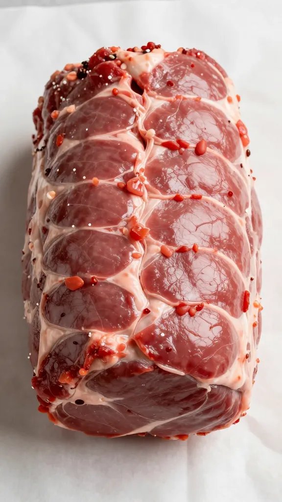 closeup of trimmed top round roast on butcher paper