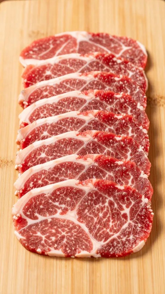 thin beef strip sliced across grain on wooden board