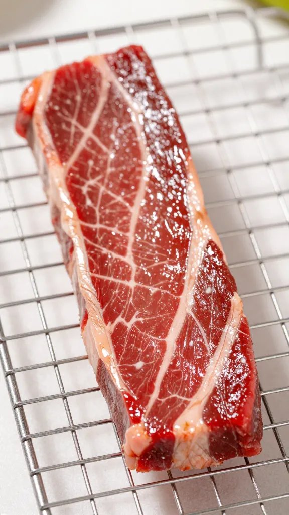 single marinated beef strip on wire rack, glossy