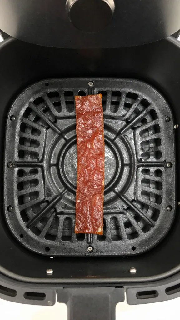 air fryer basket with one jerky strip centered