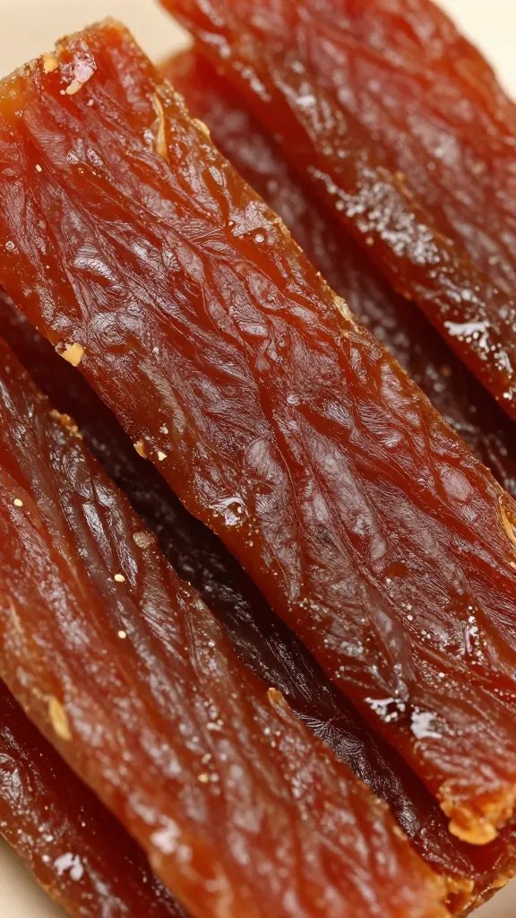 dehydrated jerky strip closeup, mahogany surface texture