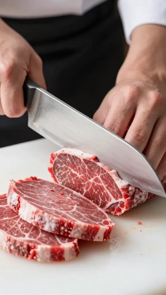 chef knife slicing semi-frozen beef, 1/8-inch thickness