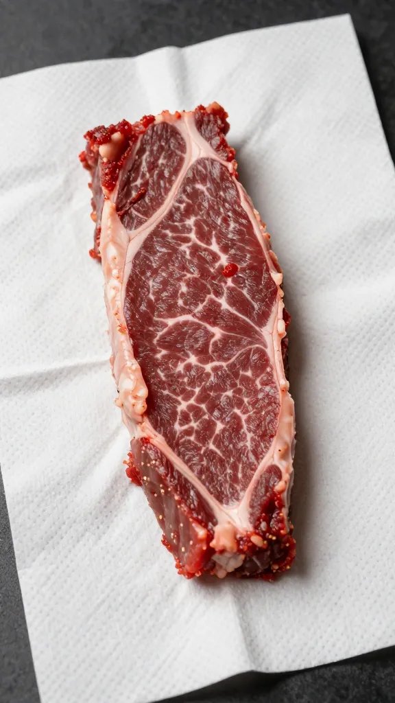 paper towel blotting one marinated beef strip