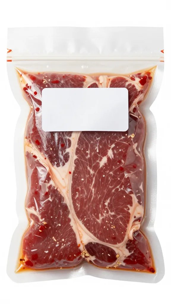 zip-top bag with single beef strip marinating, labeled date