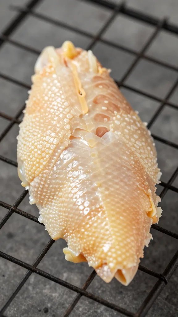closeup of a single chicken skin chip on wire rack