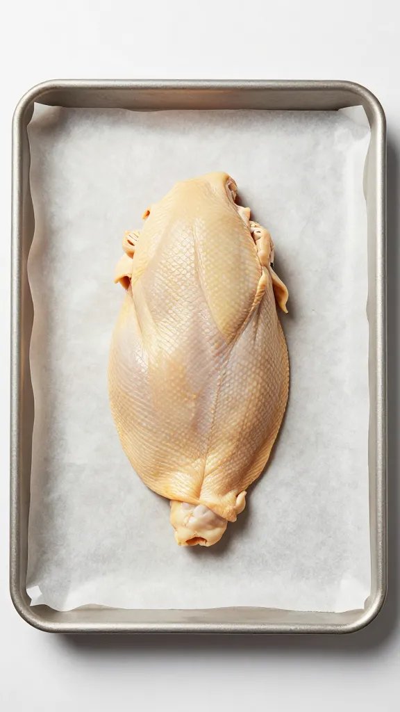 parchment-lined sheet pan with one flattened chicken skin