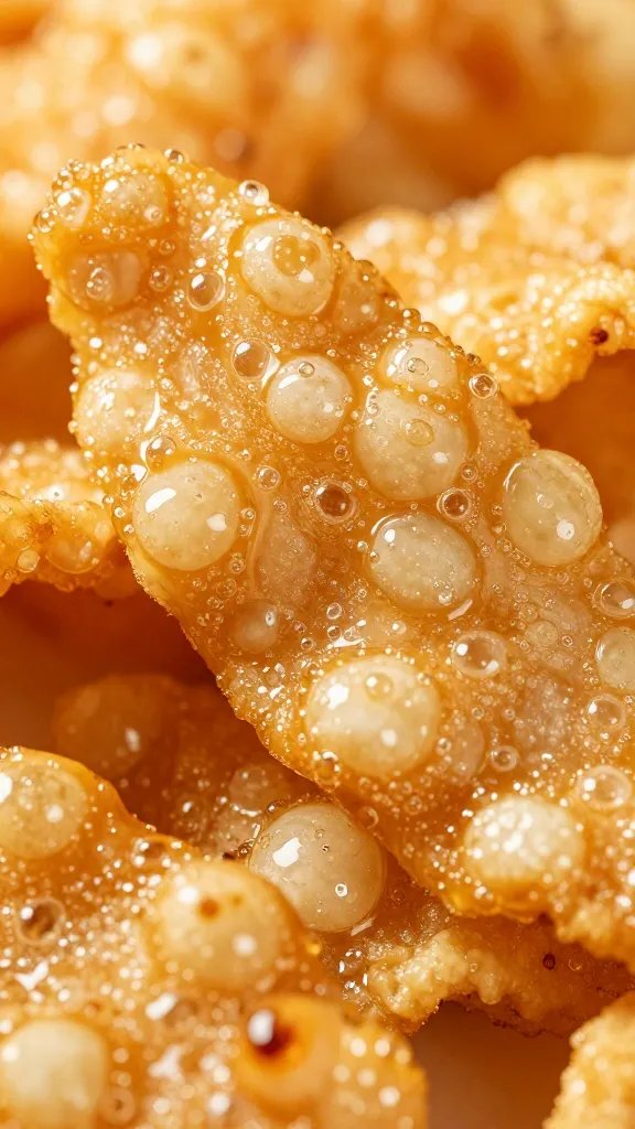 macro of bubbled, glassy chicken skin chip surface