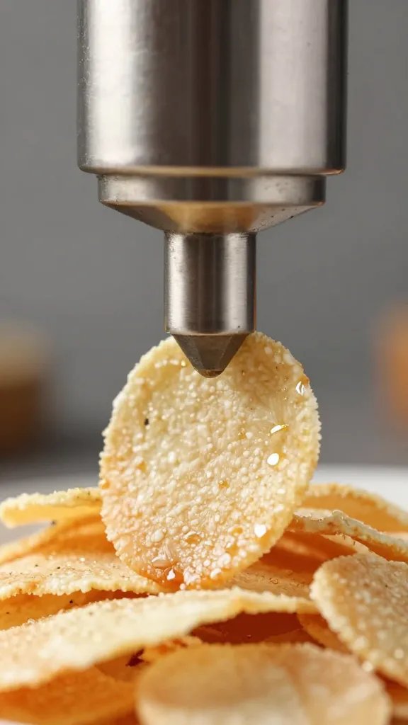 chicken skin chip under metal press weight, closeup