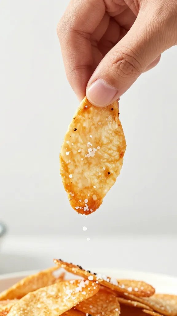 hand sprinkling flaky salt on one chicken skin chip