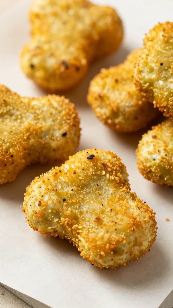 closeup of buffalo-sauced broccoli nugget on parchment