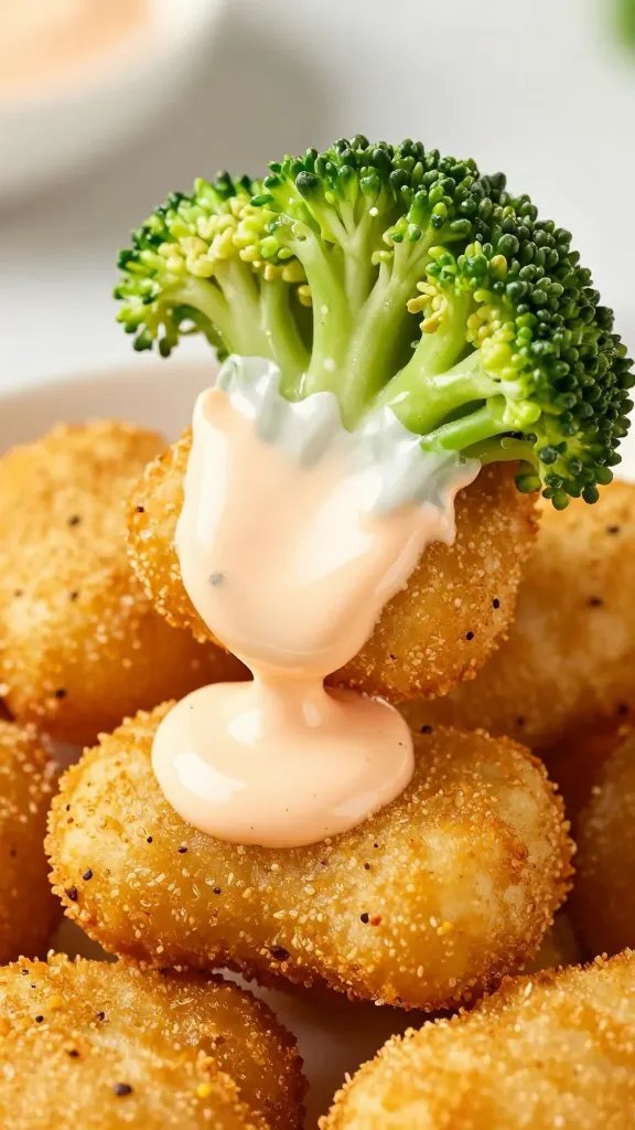 broccoli nugget dipped in bright buffalo sauce, closeup