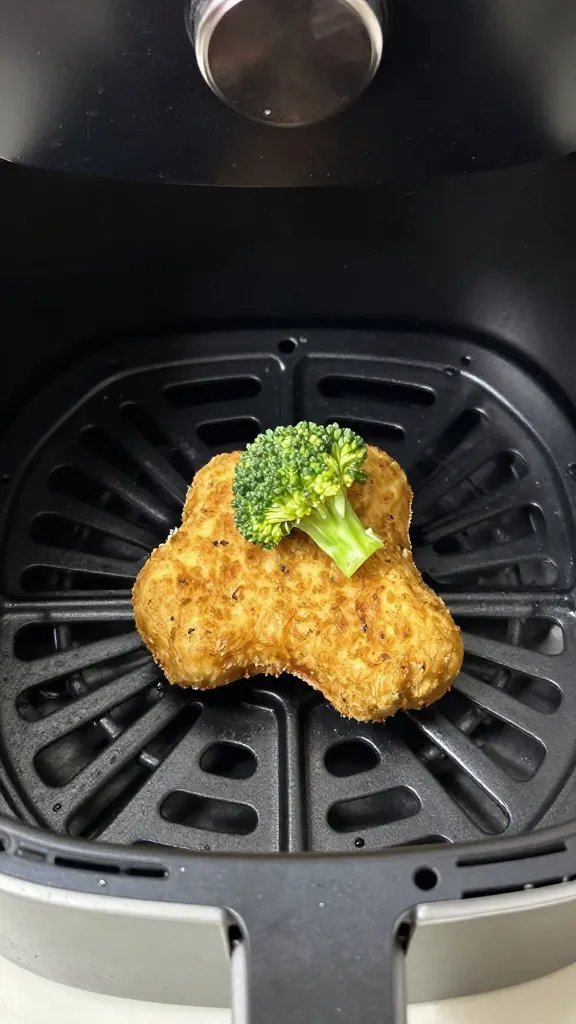 single air fryer basket holding one broccoli nugget