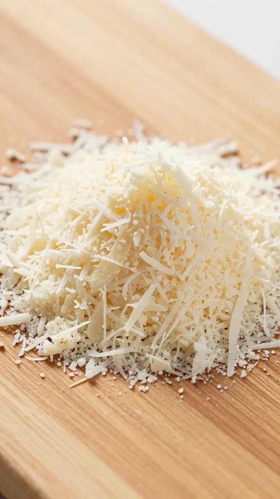 finely grated parmesan mound on wooden board, closeup