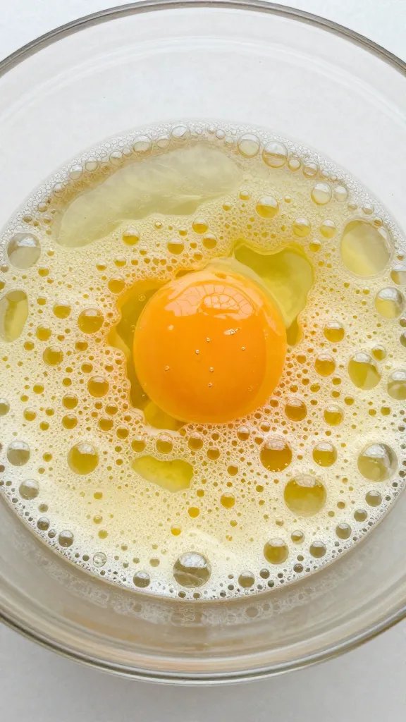 whisked egg in glass bowl with visible bubbles, closeup