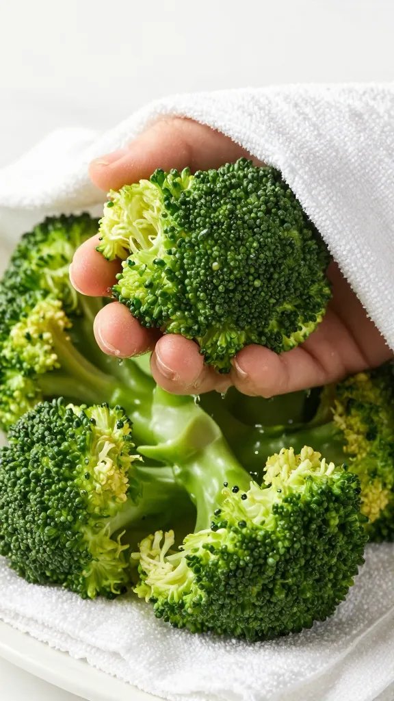 steamed broccoli florets wrapped in towel, squeezed, closeup