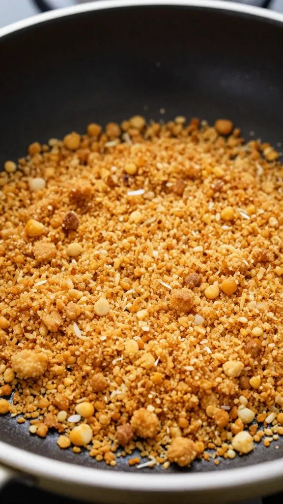 toasted panko breadcrumbs in skillet, golden, closeup
