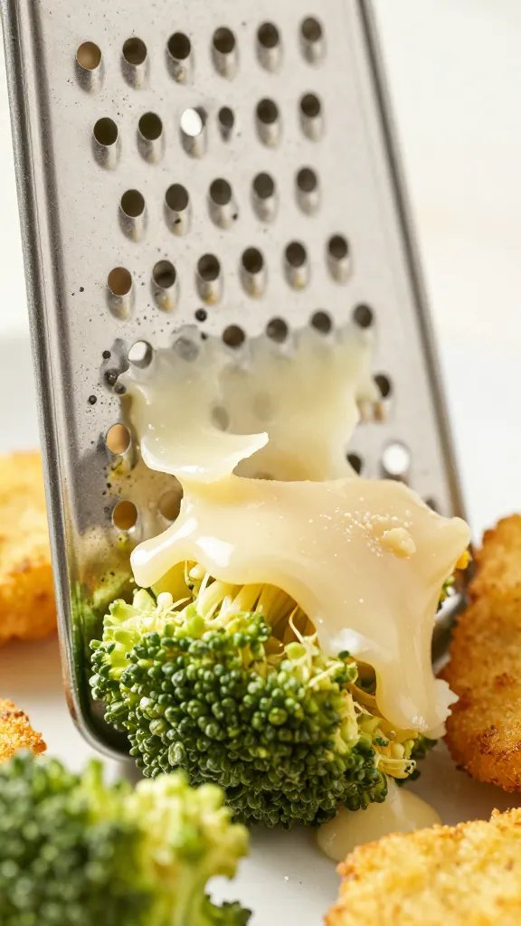 pecorino cheese microplane grating over broccoli nugget, closeup