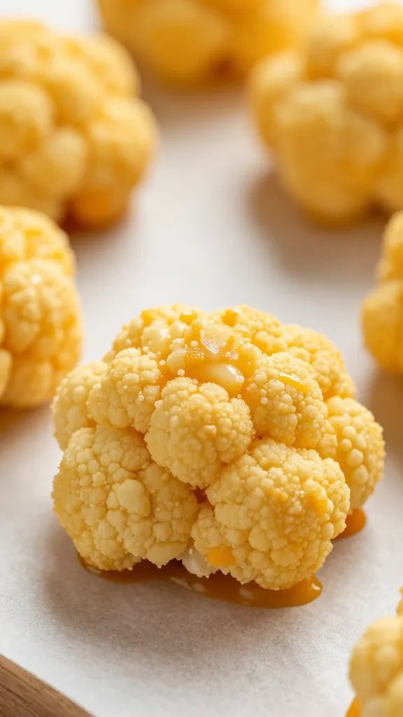 golden cauliflower cheddar tot on parchment, extreme closeup