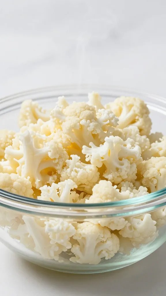 riced cauliflower in microwave-safe glass bowl, steam visible