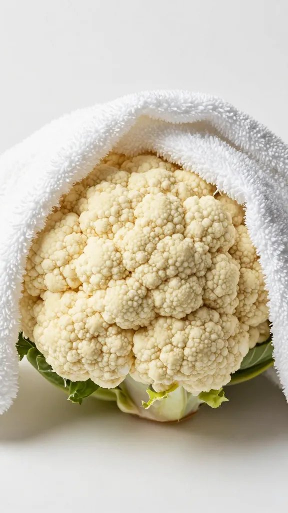 wrung cauliflower bundle in tea towel, tight grip closeup