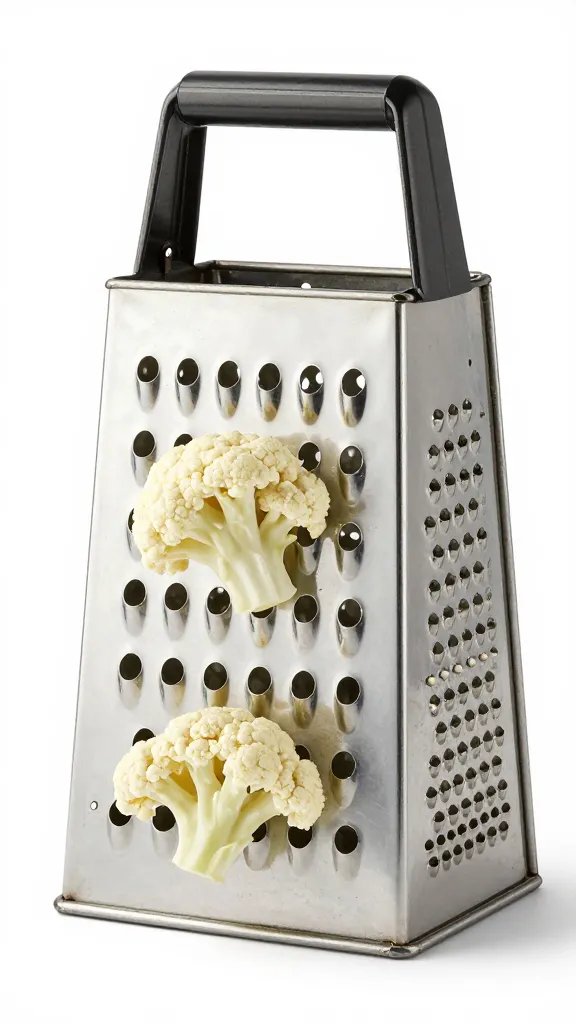 box grater with fresh cauliflower florets, shallow depth