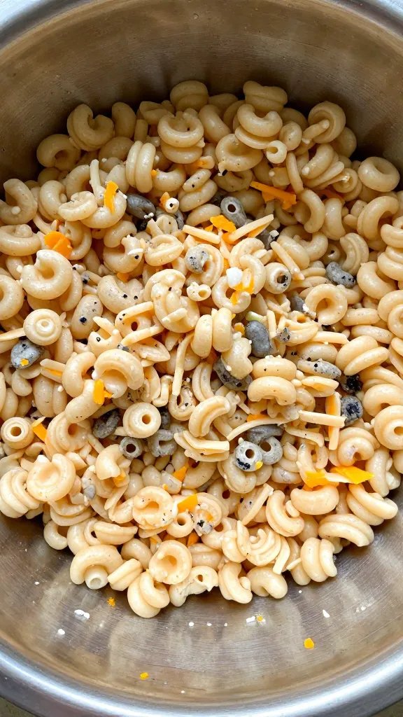 mixing bowl of tot mixture, flecks of cheddar showing