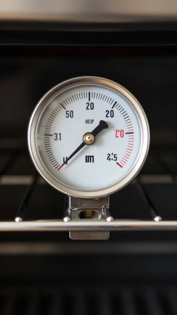 oven thermometer clipped to rack, 425°F reading closeup