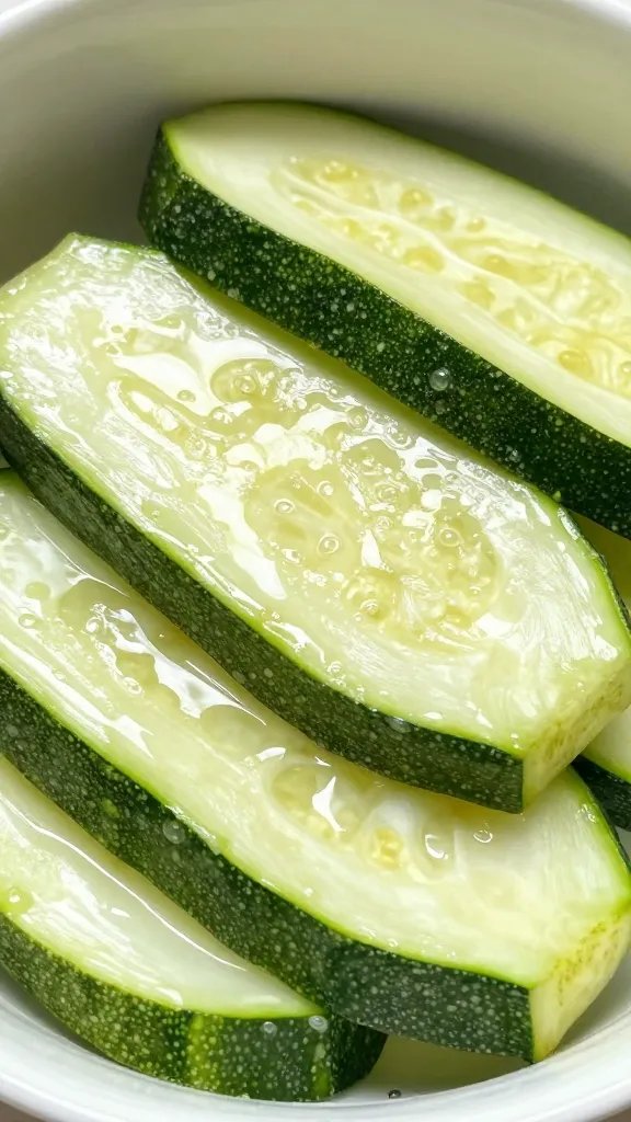 closeup bowl of salted zucchini slices sweating moisture