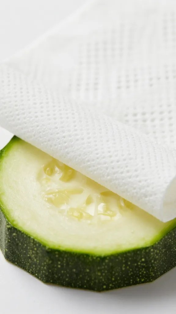 single paper towel blotting zucchini slice, macro
