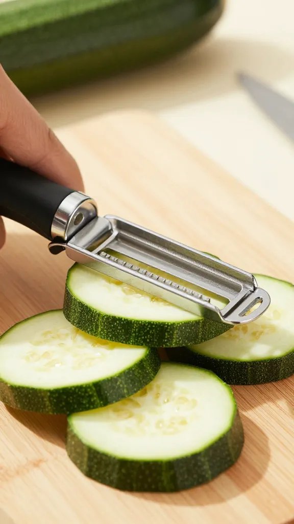 mandoline slicing zucchini over cutting board, closeup