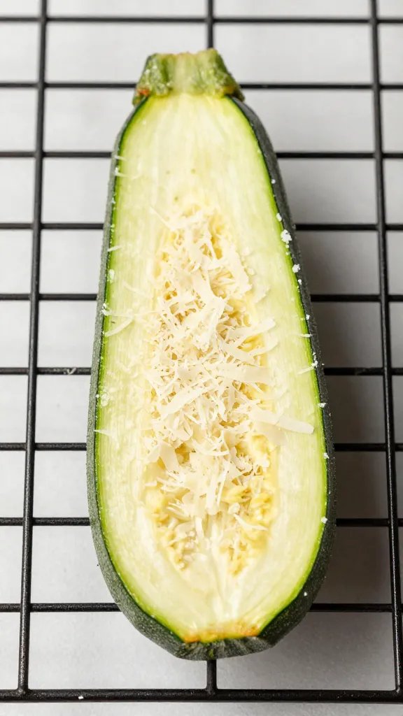 single zucchini chip with parmesan crust on baking rack