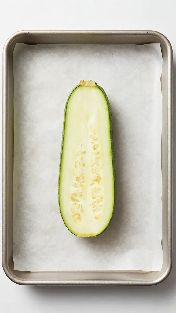parchment-lined sheet pan with one zucchini slice centered