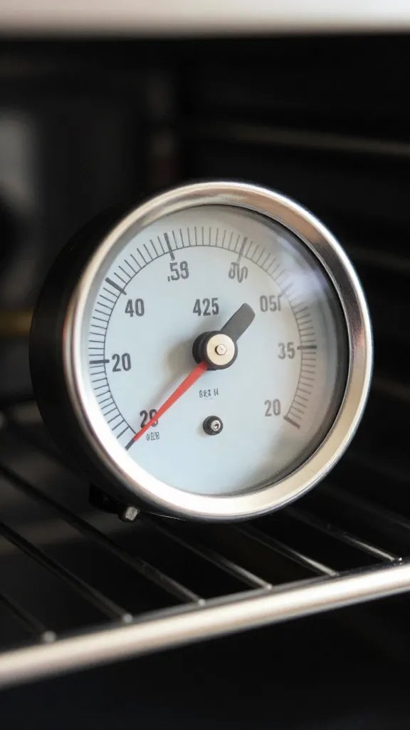 oven thermometer reading 425°F on rack, closeup
