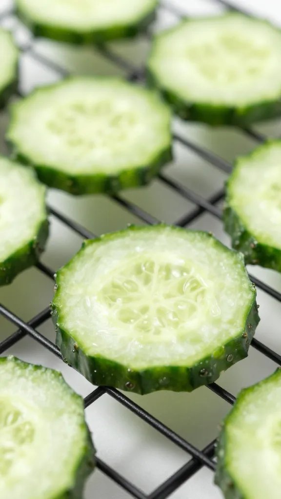 closeup of shatter-crisp cucumber chip on cooling rack