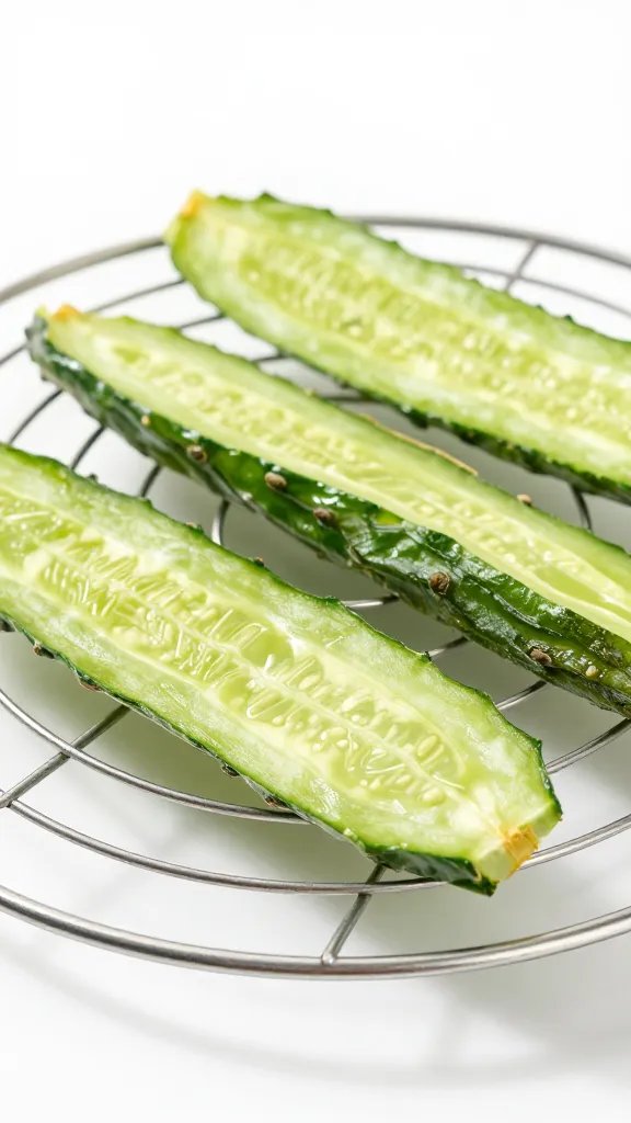 dehydrated cucumber slice on wire rack, studio lighting