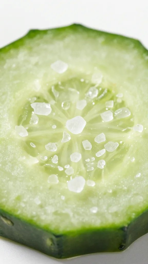 coarse salt crystals on a single cucumber slice