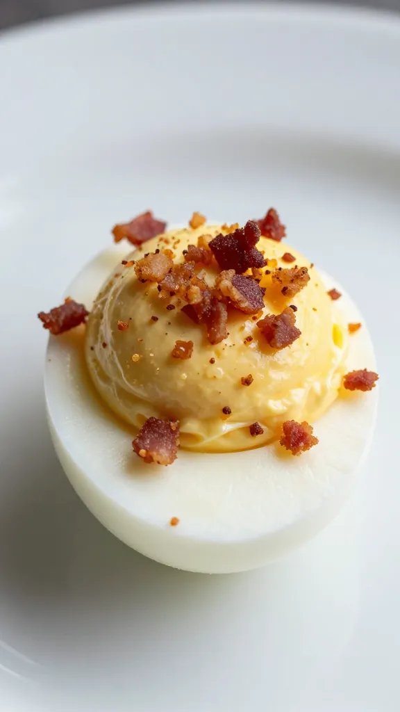 single deviled egg with bacon crumble, white plate closeup