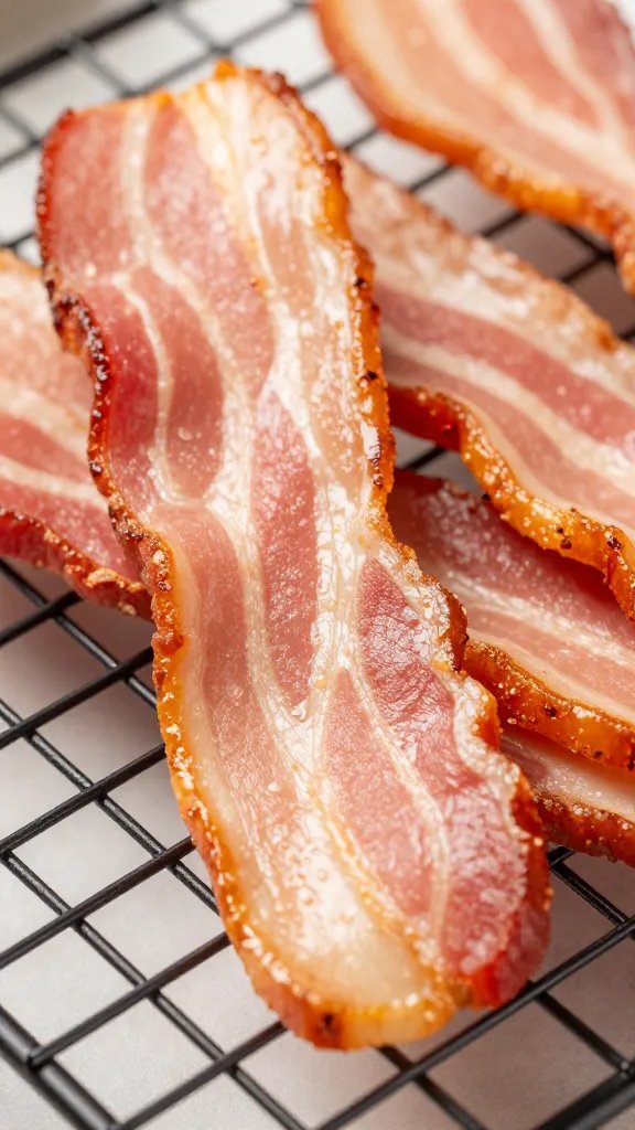 thick-cut bacon strip, perfectly crisp, on cooling rack closeup