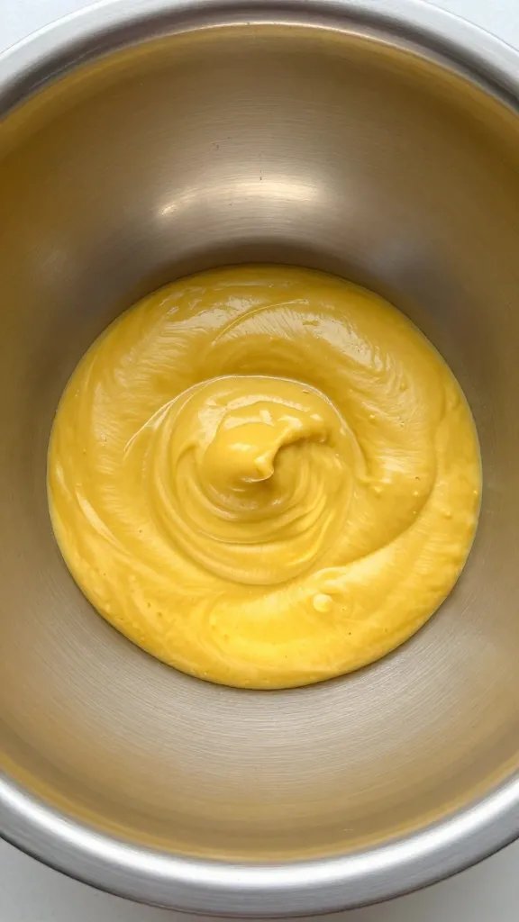 Dijon mustard dollop in stainless mixing bowl, overhead closeup