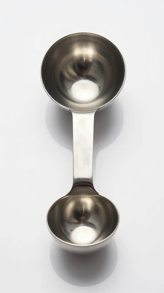 apple cider vinegar measuring spoon, reflective stainless surface