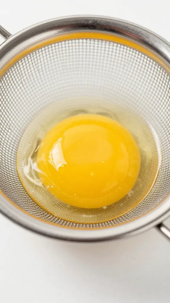 fine mesh strainer piping yolk filling, tight macro shot