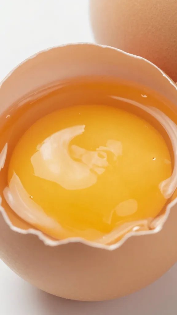 large egg cracked, bright yolk in half shell closeup